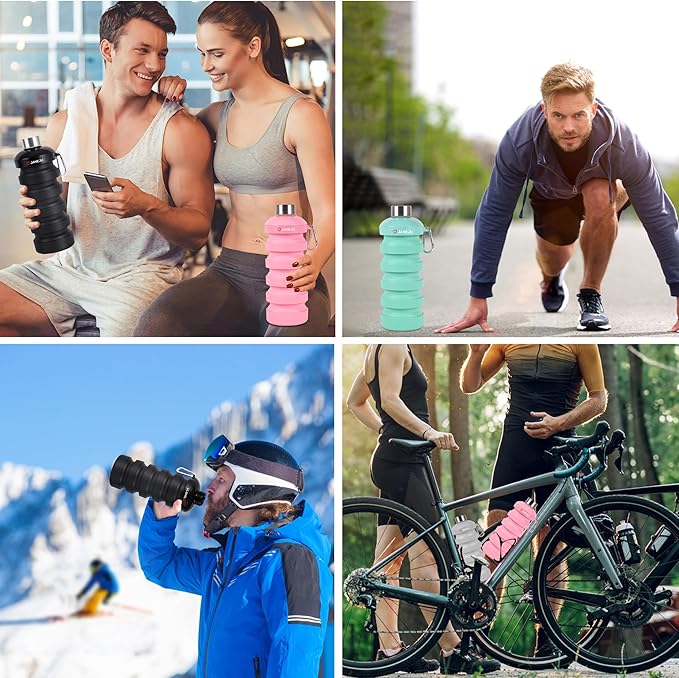 JaneJu Collapsible Water Bottle, 32oz BPA Free Silicone Reusable Portable Lightweight Foldable Water Bottles with Carabiner, Leak Proof Sports Water Bottle with Stainless Twist Cap (Black)