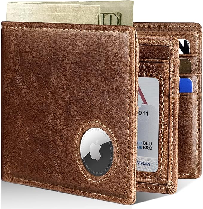 Mens Wallet With AirTag Holder, Bifold Leather RFID Blocking 1-2 ID Windows 12-13 Card Holders, Gift Box and Screen Protector Included, AirTag Not Included