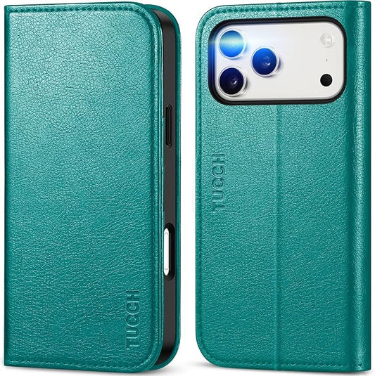 TUCCH Case Wallet for iPhone 17 Pro Max (6.9-Inch) 2025, 3 Card Slots | Kickstand | RFID Blocking | PU Leather | Protective Flip Folio Cover | TPU Shockproof Interior Shell | Cyan