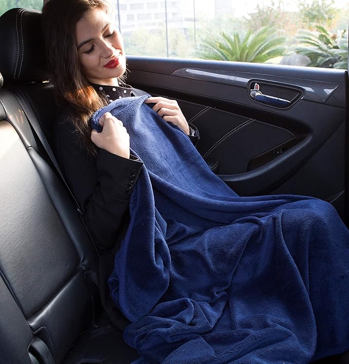 BlueHills Premium Soft 2-Pack Travel Blanket Pillows Airplane Large Plane Flight Throw Blankets for Two in Bag Compact Traveling Essentials Set Packable Warm Gifts Navy Blue T011