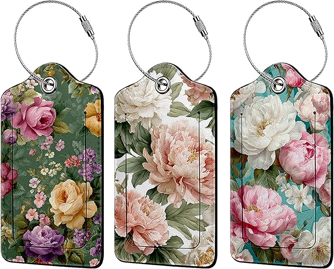 Vintage Beautiful Floral 3 Pack Luggage Tags, PU Leather Luggage Tags for Suitcase,Name ID Labels with Privacy Cover Suitcases and Metal Loop for Travel Bag Suitcase