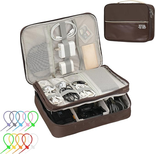 Electronics Accessories Organizer Bag, Waterproof Double LayerTravel Cable Organizer Case for Cords, Charger, Power Bank,Hard Drive, Mouse -Shockproof Tech Storage Pouch (Classic-two layers-Brown)