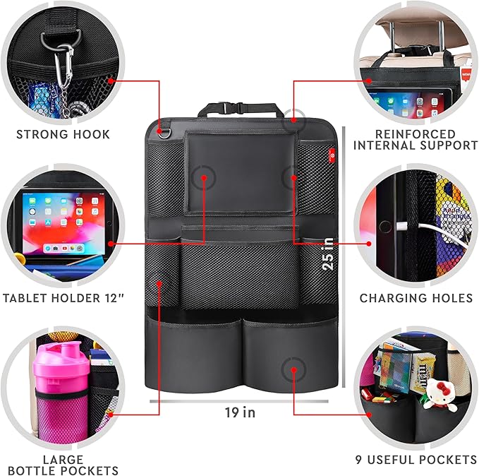 Helteko Backseat Car Organizer, Kick Mats Back Seat Protector with Touch Screen Tablet Holder, Back Seat Organizer for Kids, Travel Accessories with 9 Storage Pockets 2 Pack, Black