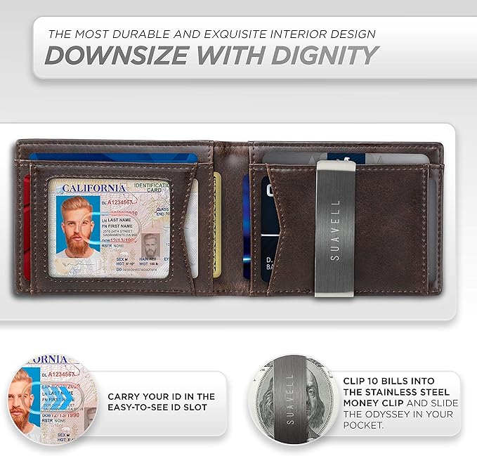 Suavell Slim Wallets for Men. Minimalist Bifold Wallet With Money Clip & ID Window. RFID Blocking Credit Card Holder Front Pocket Wallet, Gifts For Men - Husband Father On Birthday Anniversary.