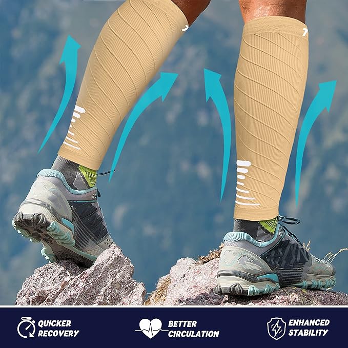 Thoxcare Calf Compression Sleeve for Men Women (2 Pairs), Leg Support Footless Compression Socks for Running - Shin Splint Varicose Veins Swelling & Pain Relief, Beige/White, Large