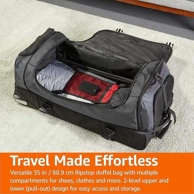 Amazon Basics 35-inch Large Rolling Duffle Bag with Wheels and Handle, Travel Duffle Bag with Durable Ripstop Polyester Material, 2 Layers of Space, Multiple Interior and Exterior Pockets, Black