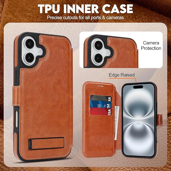 CIVICASE for iPhone 17 Wallet Case with Stand,PU Leather Flip Credit Card Holder Slots (RFID Blocking),Compatible with Magsafe Magnetic Holder Phone Cover Women Men,Brown