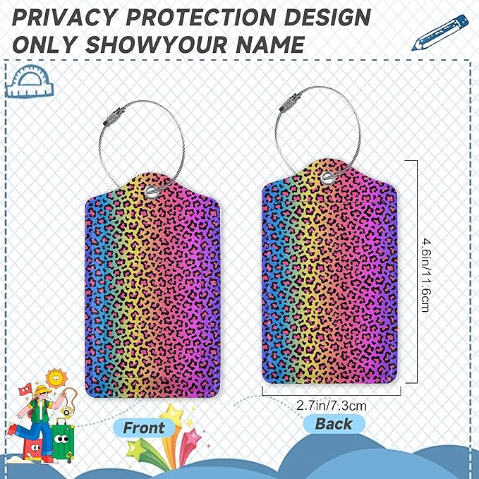 2 Pack Leather Luggage Tag for Suitcase Neon Rainbow Colored Leopard Print Unique Travel Tags with Privacy Cover ID Label & Stainless Steel Loop for Men and Women Baggage