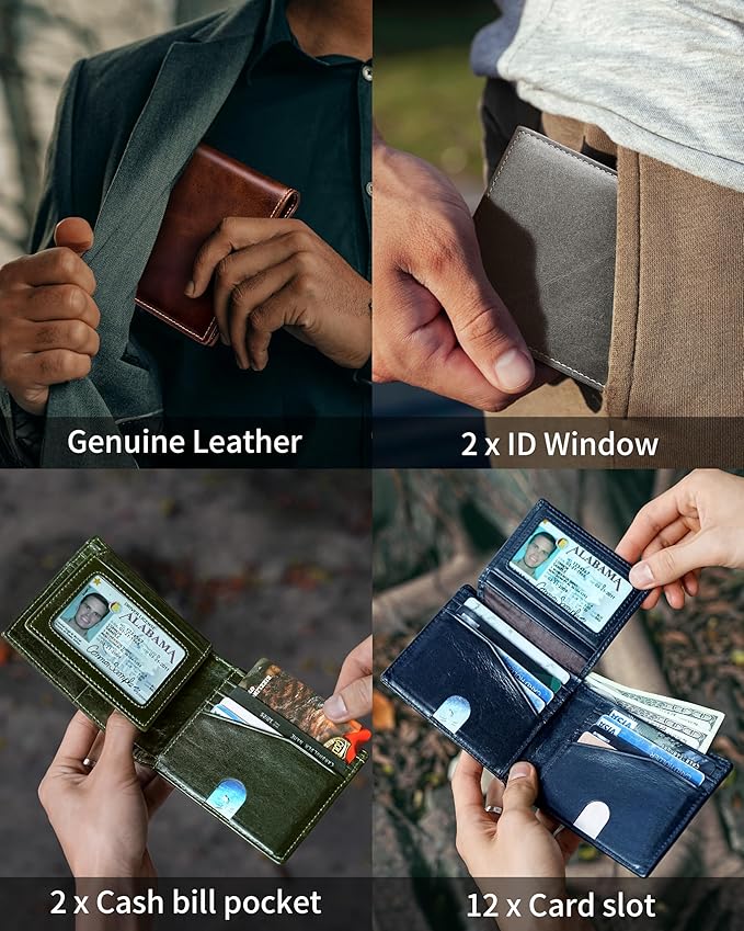 Artpaxy Mens Wallet Bifold Genuine Leather RFID Blocking Wallet for Men with 2 ID Windows 12 Card Holders 2 cash pockets 1 Gift Box