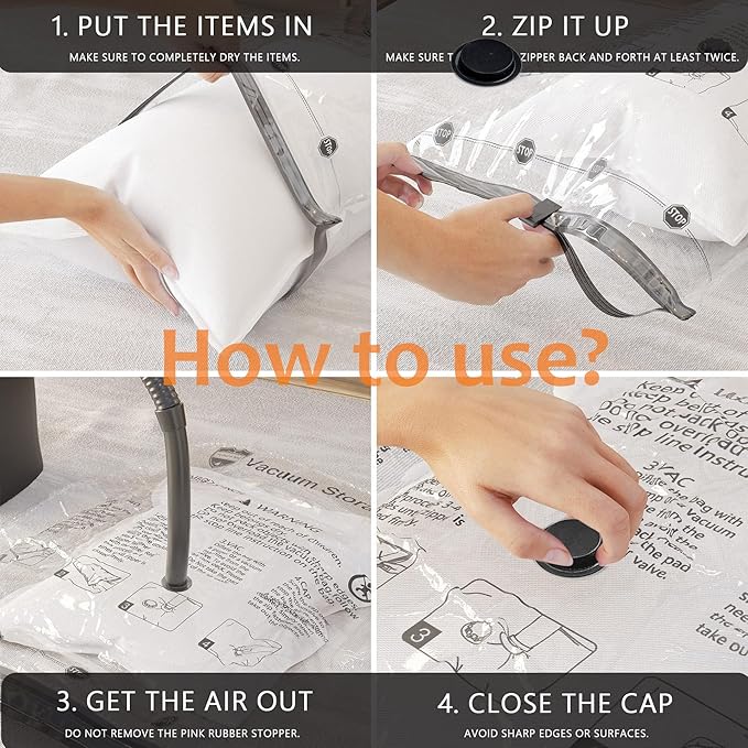 8 Large Vacuum Storage Seal Bags, Space Saver Bags with Travel Hand Pump, Compression Airtight Sealer Bags for Clothes, Bedding, Pillows, Comforters, Blankets