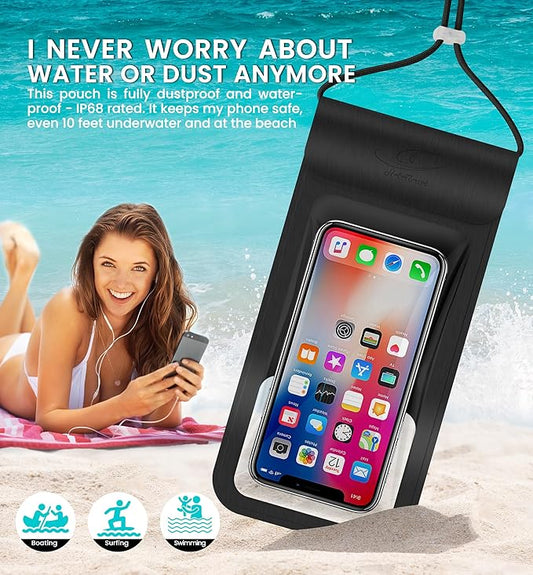 HiRui Universal Waterproof Phone Pouch with Touch Screen, IP68 Waterproof Phone Case Dry Bag for Beach, Compatible with iPhone 16/15/14/13/12/XR/SE, Samsung Galaxy, Fits up to 6.1" (Black, Large)