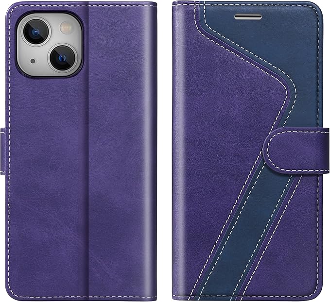 CIVICASE for iPhone 14 Wallet Case,Leather Flip Case [RFID Blocking] Credit Card Holder Folio Magnetic Stand TPU Shockproof Cover Color Matching for iPhone 14 (6.1") Purple Blue