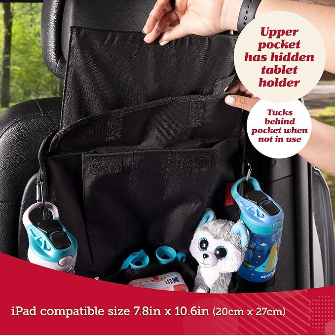 Lusso Gear Heavy Duty Back Seat Car Organizer Extra Large for Powerful Protection, Sag Proof & Reinforced Corners, Protects iPad & Backseat, 12 Versatile Car Seat Organizer Storage Compartments, (Tan)