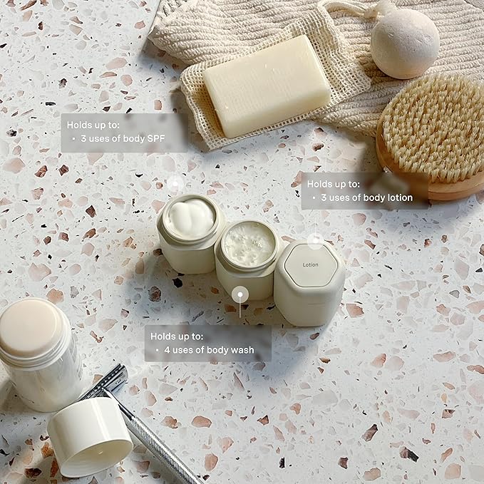 Cadence Travel Containers - Body Care Capsule Set - Magnetic Containers with Lids,Carry On Travel Essentials for Women/Men - 3 Flex Mediums (1.32oz) - Body Wash, Lotion & Sun Icon Labels - Sand