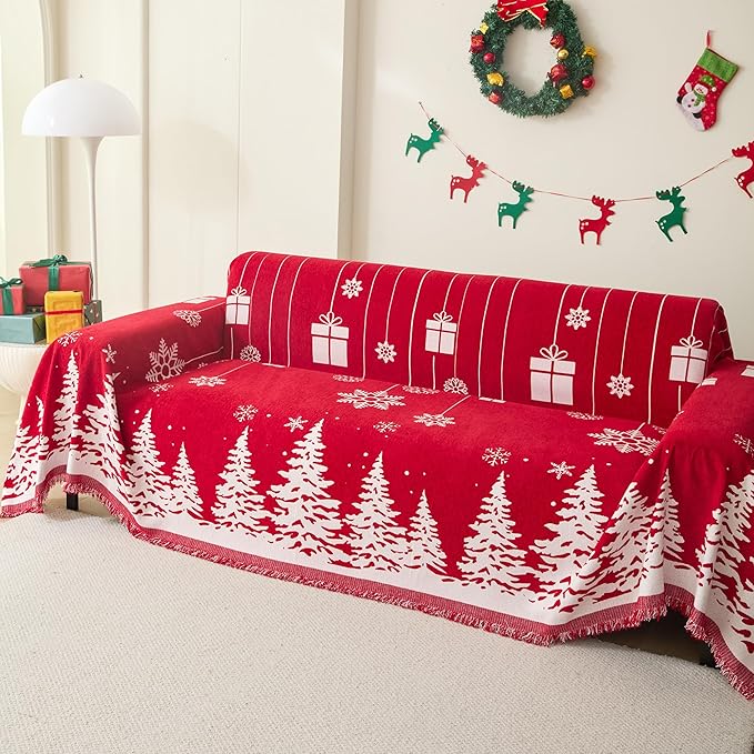 MEETSKY Christmas Couch Cover for Sectional Sofa, Chenille Loveseat Red Sofa Covers Washable for Pet Friendly Cedar Decorative Couch Covers, 71" x 118"
