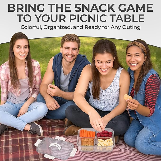 Snackle Box Container with Lid- Travel Charcuterie Box with Handle - Organizer for Candy, Fruit, Nuts, Veggies, Snacks, Beach Essentials, Portable Lunch Box (Clear, Small)