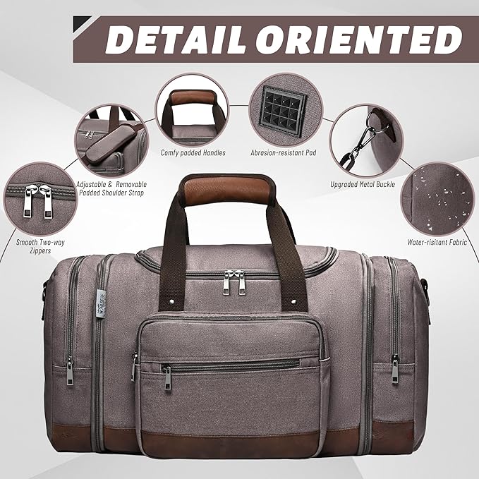 Wolhbege Duffle Bag for Travel,Mens Travel Bag & Carry On Bag for Men with Expandable Design and Luggage Sleeve –Duffel Bag for Gym, Weekender,Canvas,Overnight Trips Grey