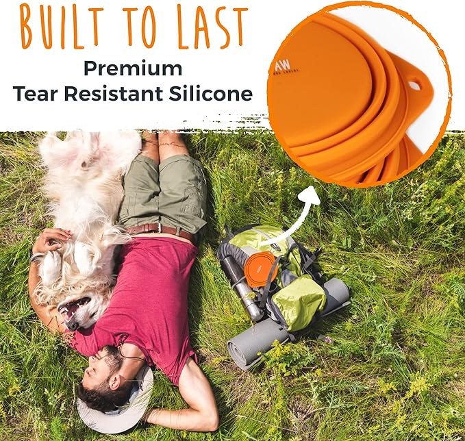 Mighty Paw Collapsible Travel Dog Bowl Set - Silicone Food and Water Bowls - Bonus Carabiner Clip - Ideal Hiking - Camping - Walking - Lightweight - Leak-Proof Dog Set - Orange - 2 Pack (27 oz)