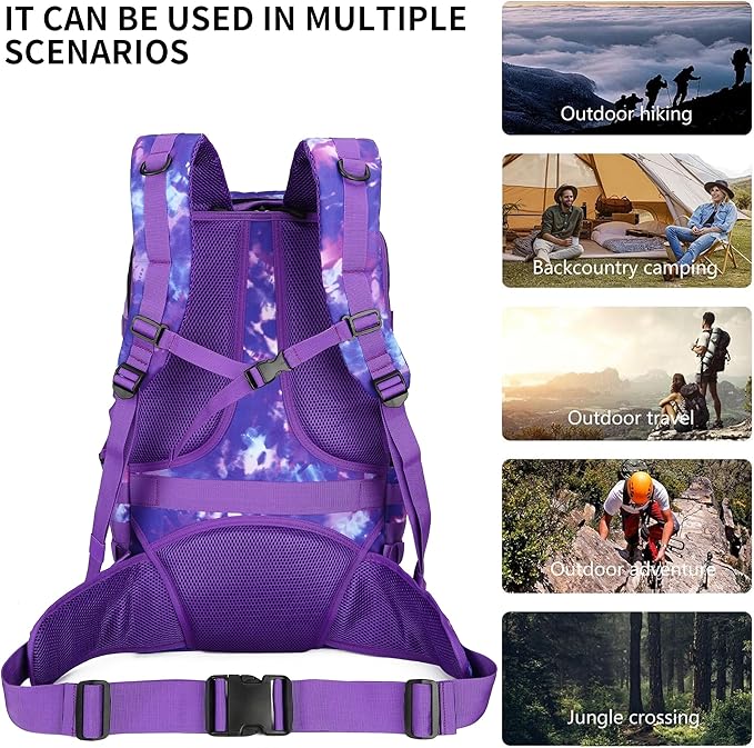 HongXingHai 50L Military Tactical Backpack 3 Day Assault Pack Molle Daypack Hiking Backpack for Men and Women (Purple Tie-Dye)