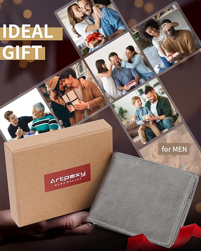 Artpaxy Mens Wallet Bifold Genuine Leather RFID Blocking Wallet for Men with 2 ID Windows 12 Card Holders 2 cash pockets 1 Gift Box