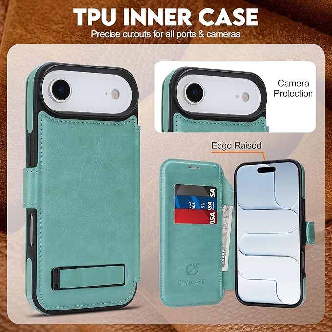 CIVICASE for iPhone Air Wallet Case with Stand,PU Leather Flip Credit Card Holder Slots (RFID Blocking),Compatible with Magsafe Magnetic Holder Phone Cover Women Men,Green