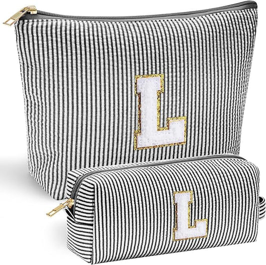 YOOLIFE Initial Makeup Bag - Trendy Monogram Cute Makeup Bags - Black