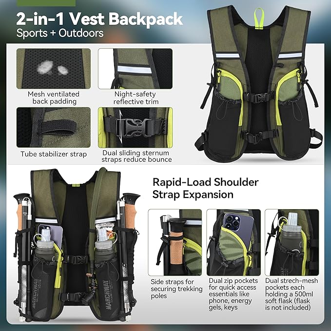 MARCHWAY Lightweight Hydration Backpack with Vest Style Straps & 2.5L TPU Water Bladder, Versatile Sleek Multi-Pocket Pack for Hiking, Cycling, Running, Backpacking, Travel