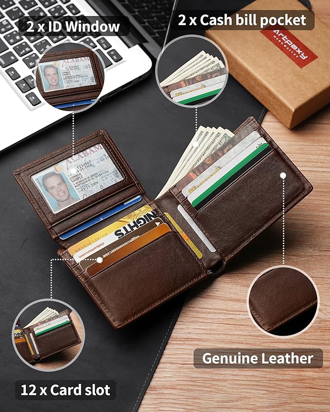 Artpaxy Mens Wallet Bifold Genuine Leather RFID Blocking Wallet for Men with 2 ID Windows 12 Card Holders 2 cash pockets 1 Gift Box