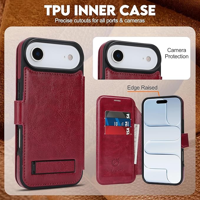 CIVICASE for iPhone Air Wallet Case with Stand,PU Leather Flip Credit Card Holder Slots (RFID Blocking),Compatible with Magsafe Magnetic Holder Phone Cover Women Men,Wine Red