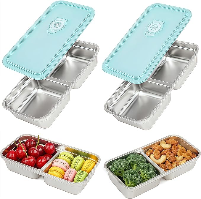 BSTUR 2Pcs 304 Stainless Steel Bento Boxes, 30 oz 2 Compartments Portable Food Storage Containers Snack Boxes with Leakproof Lids, Divided Meal Prep Lunch Box Food Container Dishwasher Safe