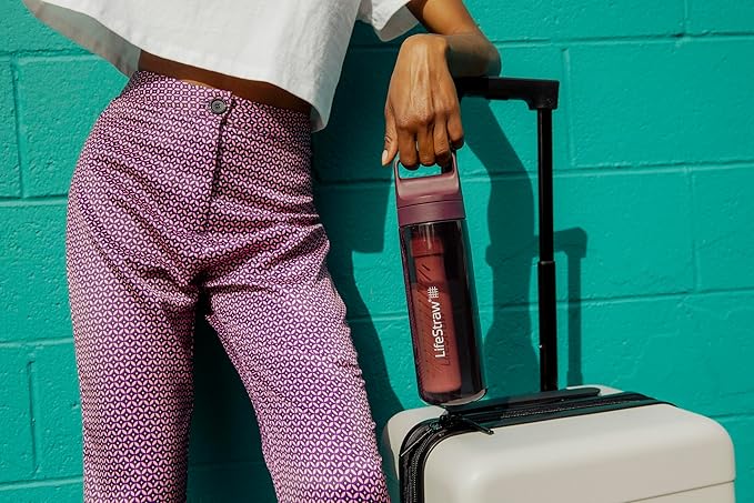 LifeStraw Go Series – BPA-Free Water Filter Bottle for Travel and Everyday use removes Bacteria, parasites and microplastics, Improves Taste, 22oz Merlot Me Away