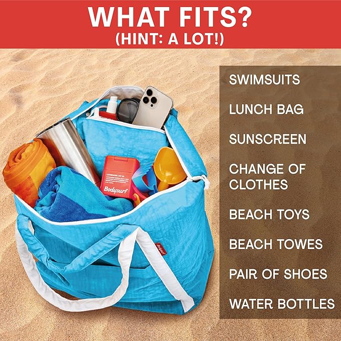 Bodysurf Beach Bags Waterproof Sandproof - Packable Foldable Nylon Zipper Tote Bag for Travel Lightweight, Pool, Boat, Cruise