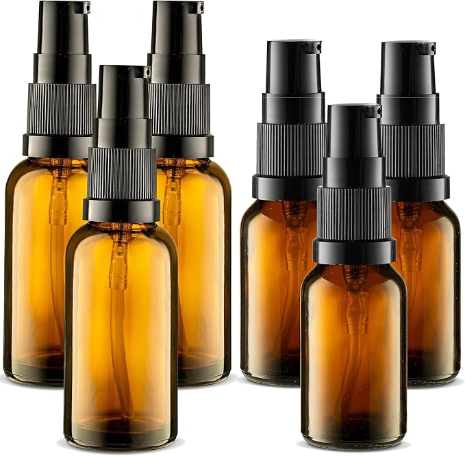 6 Pack, 3 30ml (1oz) & 3 15ml (0.5oz) Empty Refillable Glass Amber Pump Bottle Ideal for Lotion Cream Essential Oil Travel Small Container, Convenience Pack