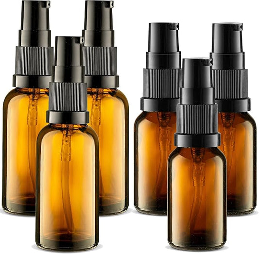 6 Pack, 3 30ml (1oz) & 3 15ml (0.5oz) Empty Refillable Glass Amber Pump Bottle Ideal for Lotion Cream Essential Oil Travel Small Container, Convenience Pack