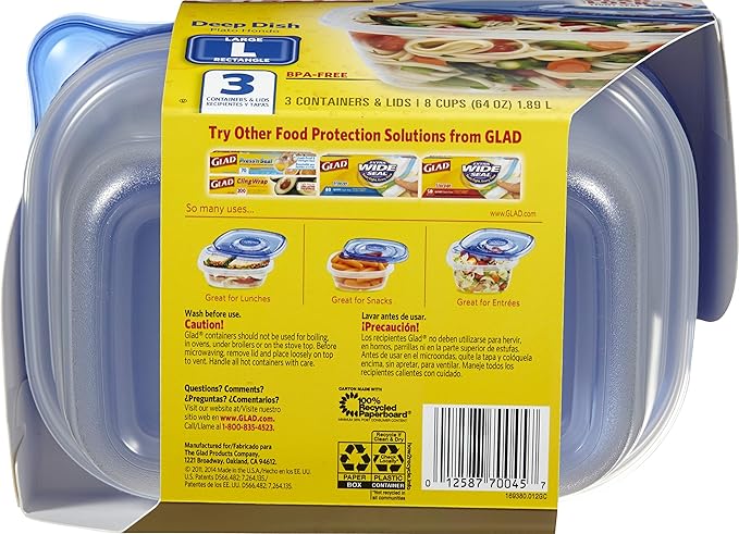 Glad GladWare Deep Dish Food Storage Containers, Large Rectangle - Meal Container Holds up to 64 Ounces of Food - Lock Tight Seal, 3 Count - 6 Pack