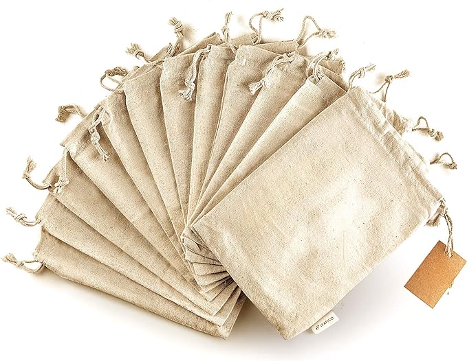 LEAFICO Organic Cotton Reusable Produce Bags - Small 5x7 (12 Pack) - Biodegradable Eco-Friendly Bulk Bin Sacks for Food - Cloth Bags with Drawstrings - Linen Pouch for Fruit, Vegetable Storage