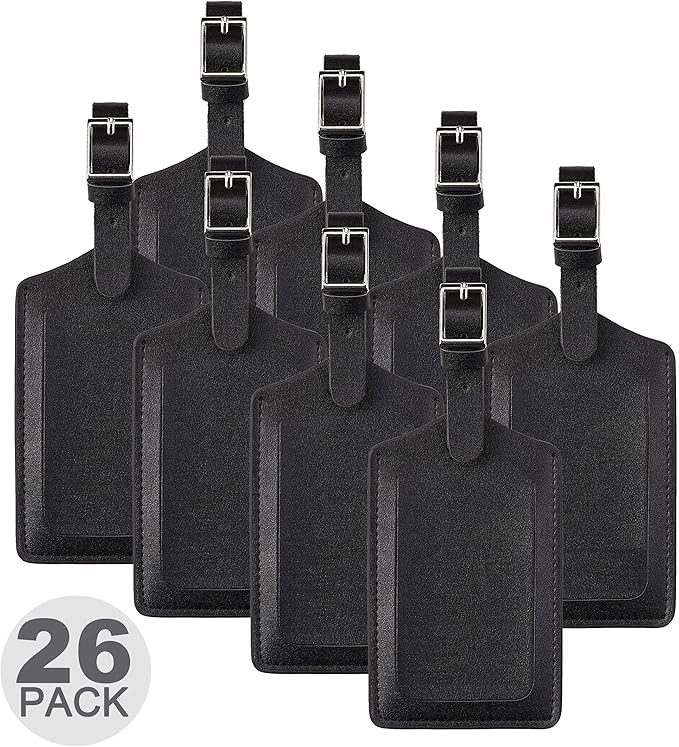 Travelambo 26 Pack Luggage Tags Faux Leather for Suitcases Travel Bag Labels with Protection Cover ID (Black)