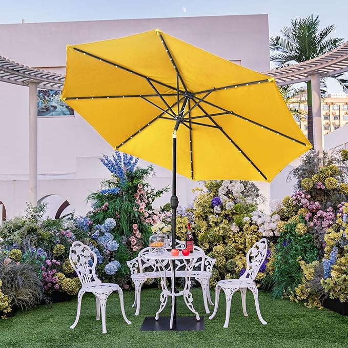 Sundale Outdoor 9FT 32 LED Lighted Patio Umbrella with Solar Powered, Table Market Umbrella with Crank & Push Button Tilt for Garden, Deck, Backyard, Pool, 8 Steel Ribs(Yellow)