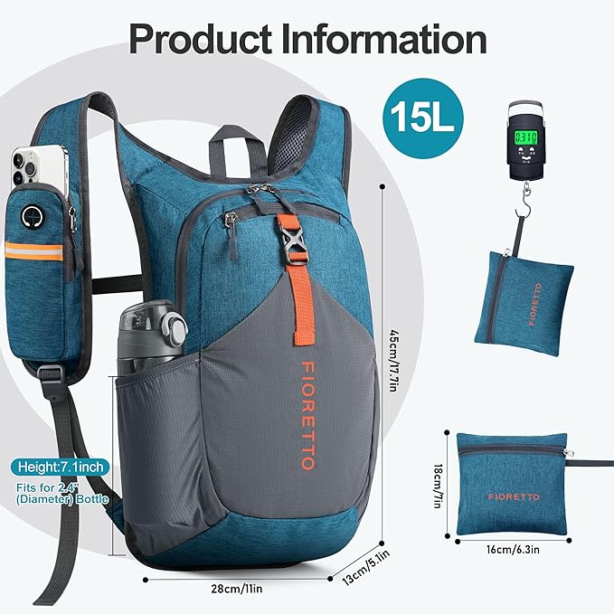 FIORETTO 15L Hiking Backpack for Women Men Mini Packable Backpack Lightweight Small Daypack for Camping Travel Outdoor, Turquoise