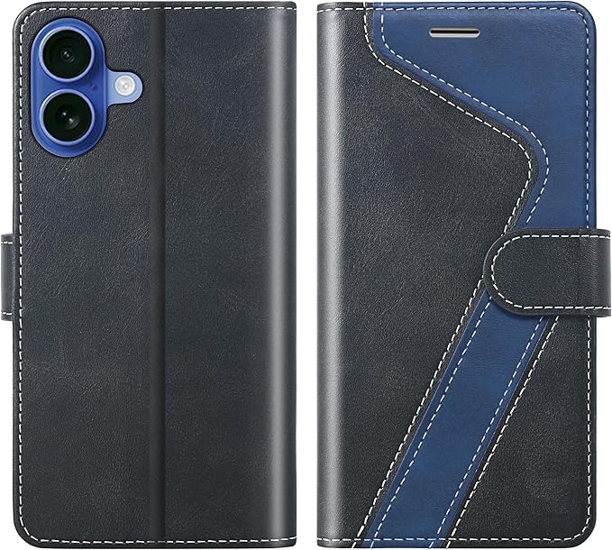 CIVICASE for iPhone 16 Wallet Case,PU Leather Flip Case RFID Blocking Credit Card Holder Folio Magnetic Stand TPU Shockproof Cover Compatible with iPhone 16, Black Blue