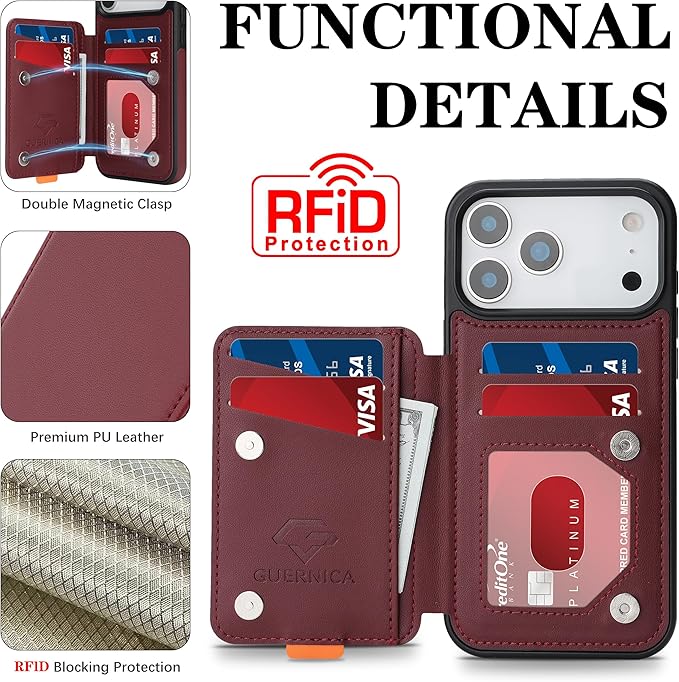 GUERNICA for iPhone 17 Pro Max (6.9") Case Wallet with Card Holder, RFID Blocking Leather Protection, Shockproof Women Men Phone Case for Apple 17 Pro Max, Wine Red
