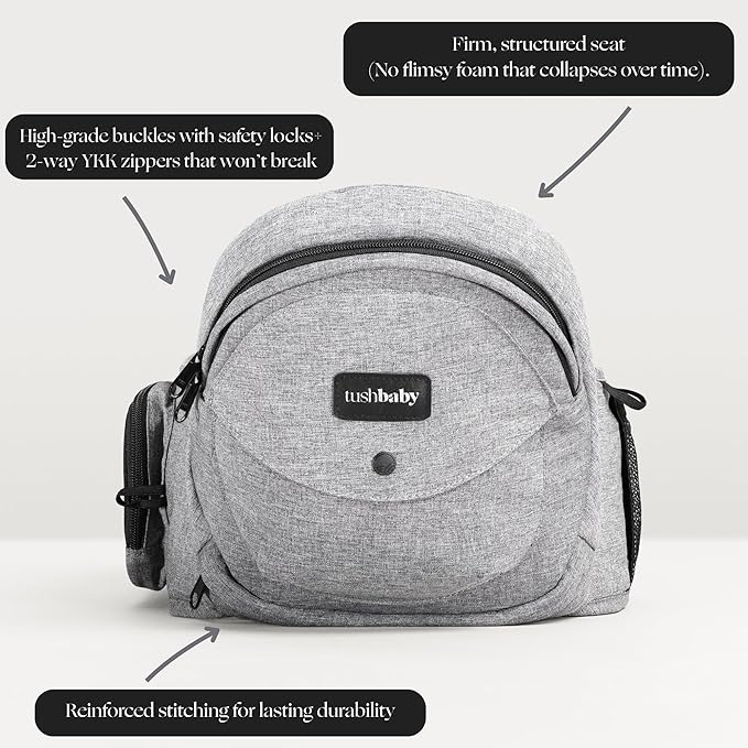 Tushbaby Original Hip Seat Baby Carrier for Babies & Toddlers up to 45 lbs, Safety Certified, Lightweight No-Foam Design with Storage & Nursing Support, Grey
