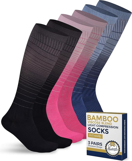 Pembrook Bamboo Viscose Light Compression Socks - 3 Pairs | 8-15 mmhg Compression Socks | Knee High Comfort Support Socks