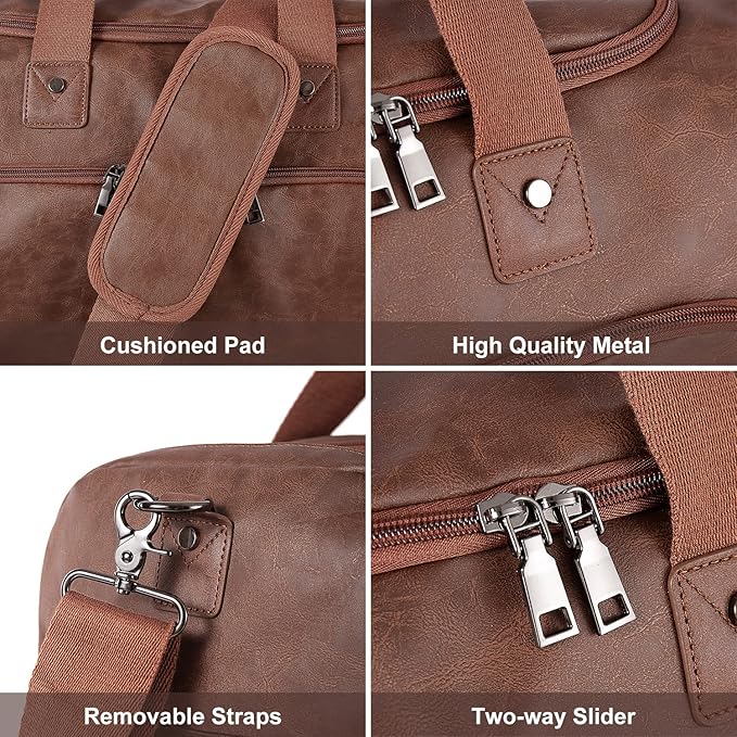 Leather Travel Bag with Shoe Pouch,Weekender Overnight Bag Waterproof Leather Large Carry On Bag Travel Tote Duffel Bag for Men or Women-Brown