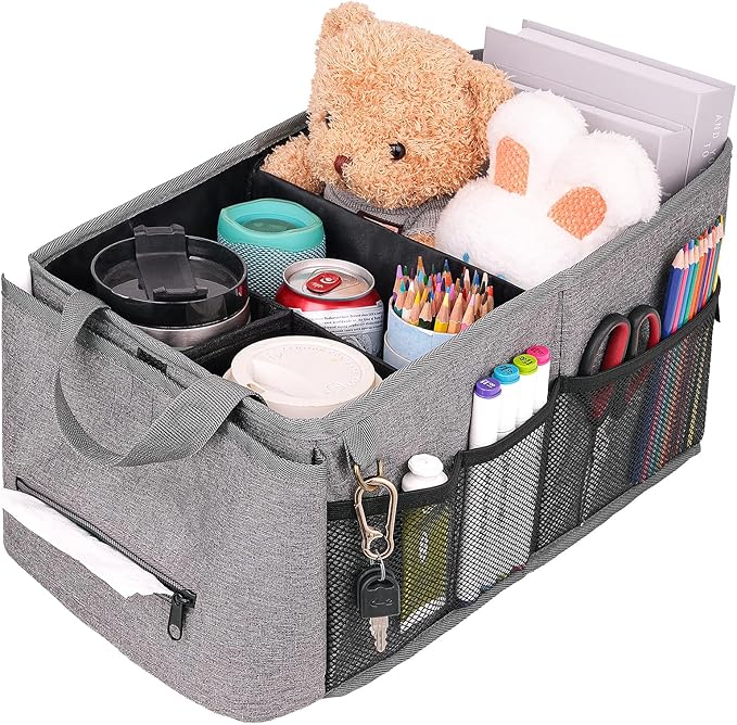 HEYSKAY Car Organizer with Tissue Box, Coffee Cup Drink Holder, Toy Books Storage for Car (Grey)