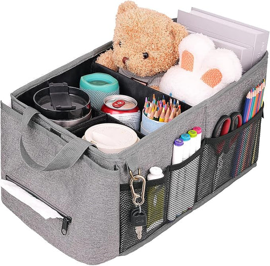 HEYSKAY Car Organizer with Tissue Box, Coffee Cup Drink Holder, Toy Books Storage for Car (Grey)