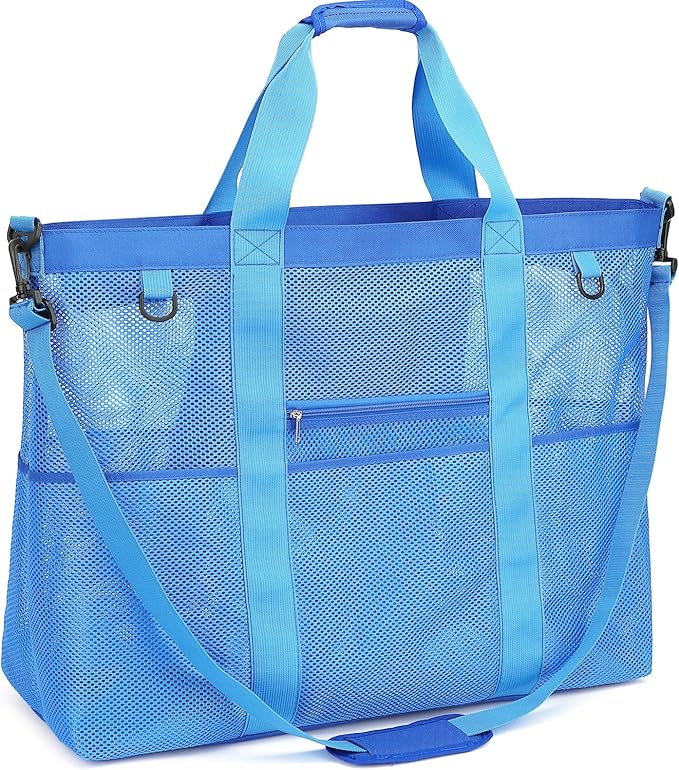 Mesh Beach Bag, Large Beach Tote with Zipper Pocket for Family Pool Bag for Toys & Vacation Essentials