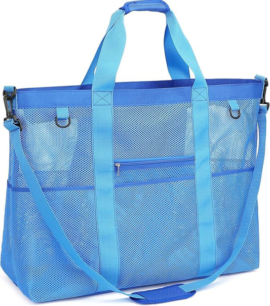 Mesh Beach Bag, Large Beach Tote with Zipper Pocket for Family Pool Bag for Toys & Vacation Essentials