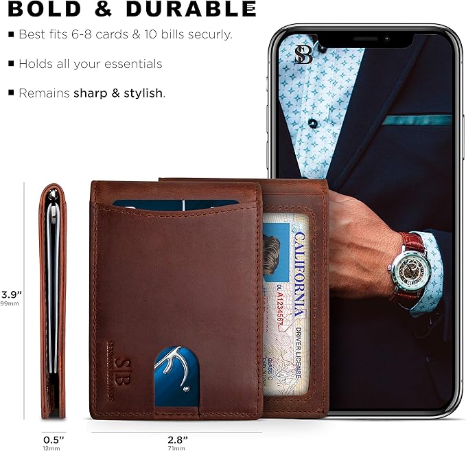 SERMAN BRANDS RFID Blocking Slim Bifold Genuine Leather Minimalist Front Pocket Wallets for Men with Money Clip Thin Gift