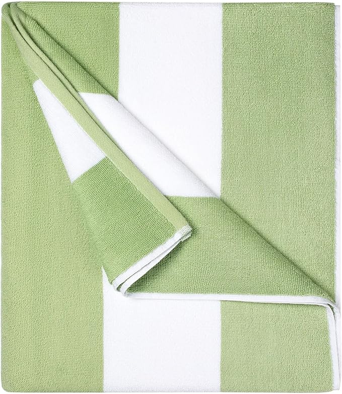 Cotton Oversized Beach Towel - 40 x70 Inch Extra Large Striped Pool Towel, Big Soft Terry Cloth Sage Green Cabana Swim Towel